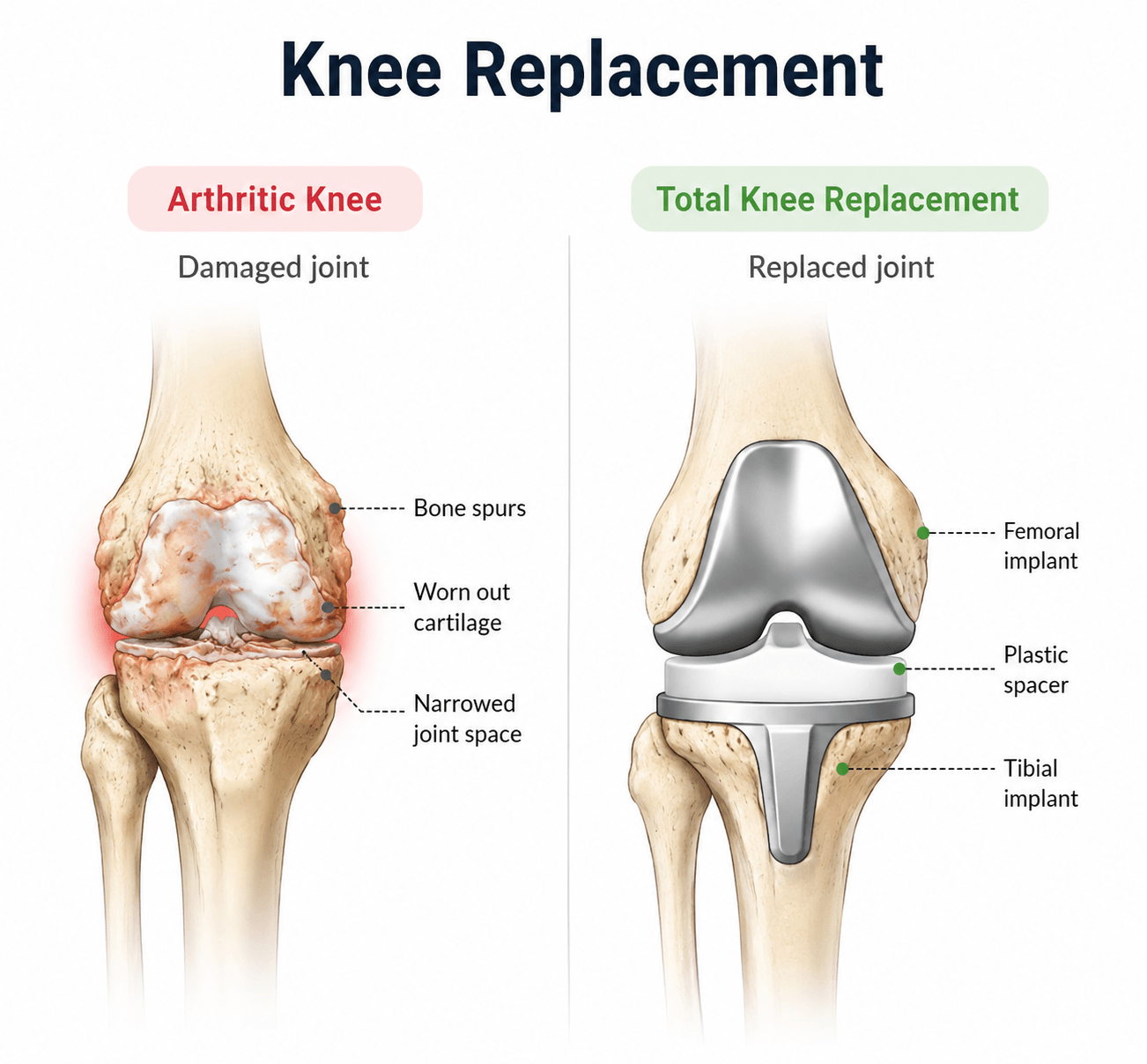 Professional medical illustration showing a before and after comparison of a knee joint replacement